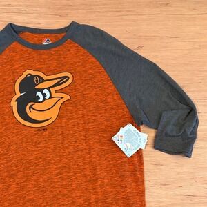 Baltimore Orioles Mens Large Orange Gray 3/4 Sleeve Raglan MLB Shirt NWT